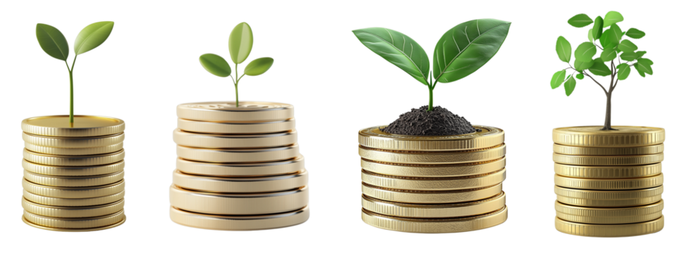 Growth of Investments Represented by Plants Growing from Stacks of Coins