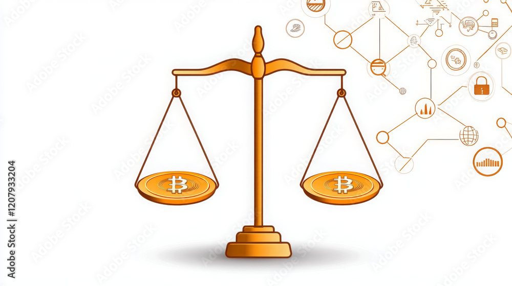Poster minimalist image showing balance scale with bitcoin symbols, representing concept of cryptocurrency 