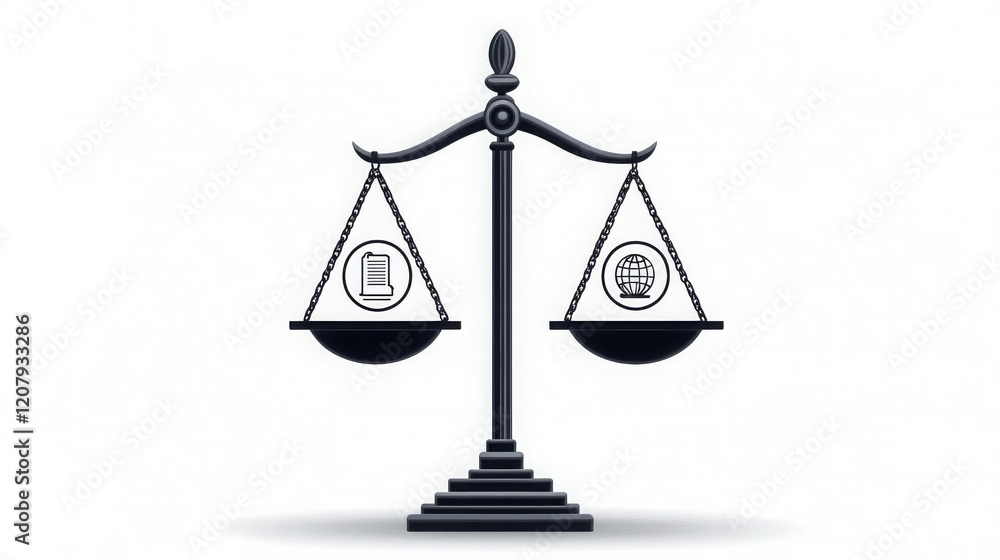 Poster minimalist image showing balance scale with symbols representing information and globe, conveying se