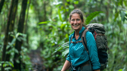 Elderly woman hiking in Amazon rainforest, smiling.