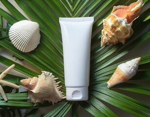 Summer cosmetic mockup featuring cream tube with shells and palm leaves