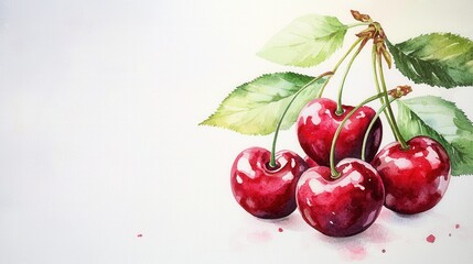 A vibrant watercolor painting of fresh cherries with green leaves, showcasing their rich red color and glossy texture against a light background.