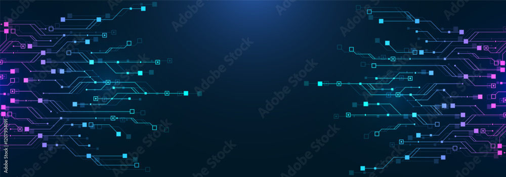 Aufkleber Artificial Intelligence or machine learning vector design. Quantum computer technology concept with circuit board and motherboard texture background design. Waves flow quantum explosion