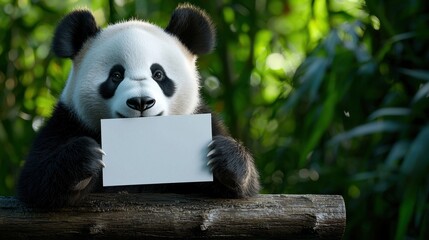 Obraz premium A playful panda sits on a wooden log, holding a blank sign. The lush greenery surrounds the scene, creating a peaceful atmosphere during daylight hours