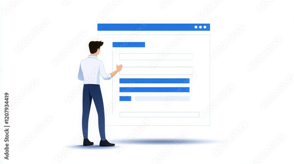 Poster man interacting with digital interface, showcasing minimalist design. image emphasizes technology an