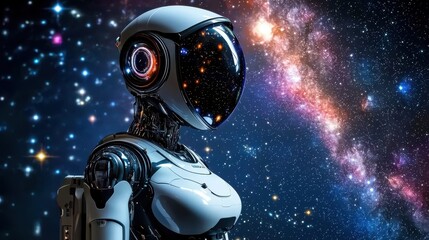 A sleek humanoid robot stands against a cosmic backdrop filled with stars and galaxies, embodying the fusion of technology and space.