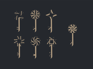 Key graphic art style collection drawing with beige on black background