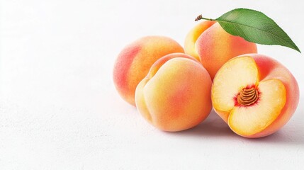 Four ripe peaches with a green leaf on a light background, showcasing their smooth texture and vibrant colors.