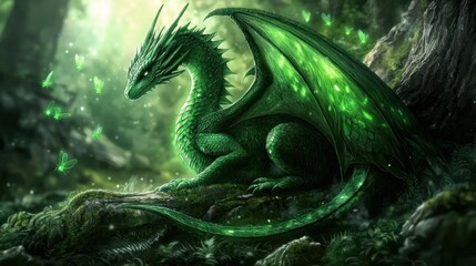 A green dragon sits gracefully in a lush, enchanted forest, surrounded by shimmering butterflies. The gentle light of twilight casts a magical atmosphere, enhancing its emerald scales