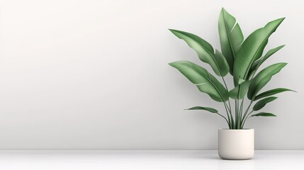 Minimalist Green Plant in White Pot Against White Wall