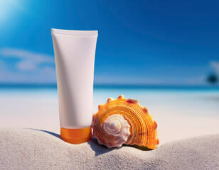 Summer cream mock up by the beach with a shell and soft sand in the background