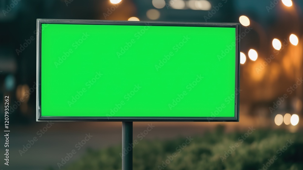 Poster vintage cinema marquee with green screen for custom text in urban night setting with soft bokeh effe