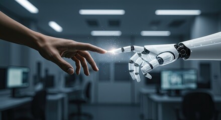 Humanity and AI: A human hand and a robotic hand gently touch, fingertips almost meeting in a futuristic, blurred background of a tech lab.