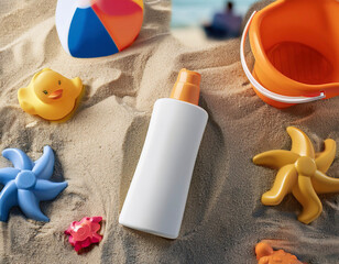 Summer cream mock up featuring beach toys and relaxation themes for cosmetic presentation