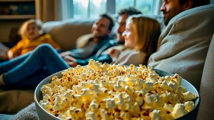 A family is watching a movie together and eating popcorn. The bowl of popcorn is on the couch, and the family members are sitting on the couch