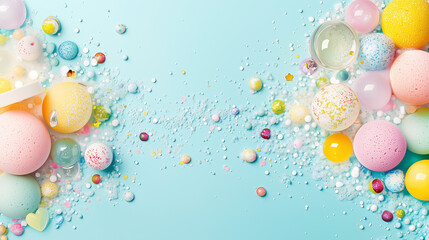 A collection of pastel bath products and decorative elements on a soft blue background, ideal for wellness themes