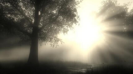 Naklejka premium Misty Dawn Illuminates Ancient Forest Tree