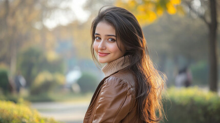 Pakistani woman in brown leather jacket at city park at sunny morning
