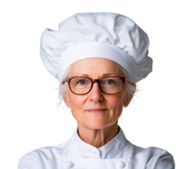 Experienced chef wearing a white hat and glasses with a professional demeanor displays culinary expertise