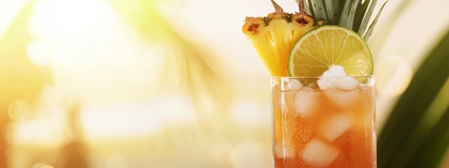 Tropical Bliss Drink, A vibrant mix of pineapple, coconut, lime, served over ice, perfect backdrop for an inviting slogan.