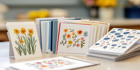 Handmade greeting cards featuring floral designs and vibrant colors