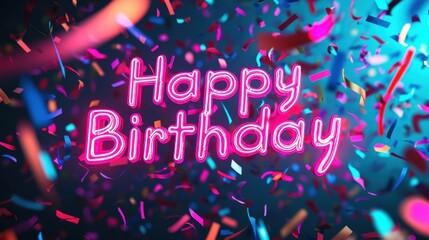 A joyful birthday atmosphere filled with colorful confetti raining down. Bright, glowing text announces the special occasion, creating a lively and cheerful vibe perfect for celebrations