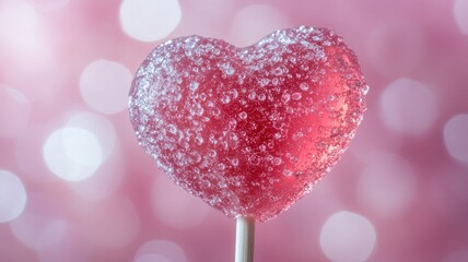 Obraz premium Pastel pink wallpaper with heart shaped sugary hard candy on stick and bokeh lights in background