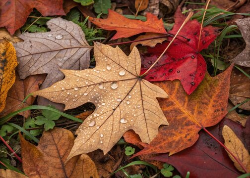 Colorful autumn leaves with dewdrops on the forest floor
