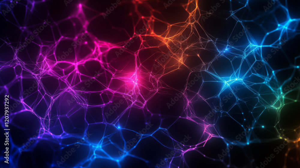 Poster vibrant abstract network of colorful lines and nodes, creating dynamic visual effect. interplay of c