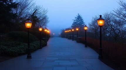 Misty Path Illuminated by Evening Streetlights