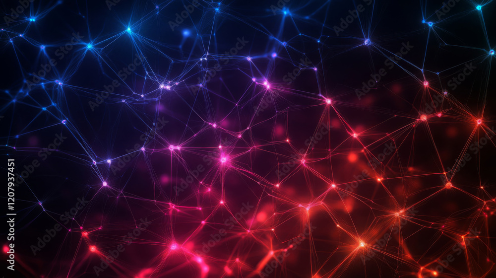 Poster bright abstract network of interconnected nodes in vibrant colors. this digital artwork showcases bl