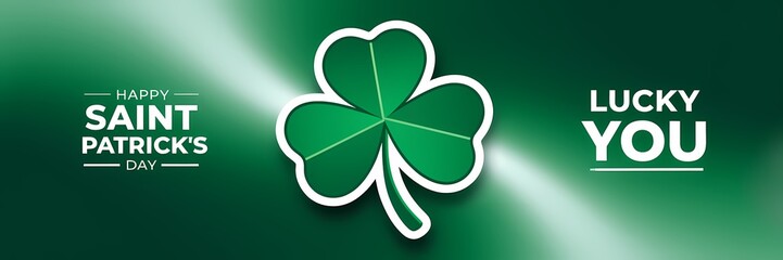 A 3D render of a creative minimalist Saint Patrick's Day poster design. There's a green shamrock with a white border. On the left, there's a white text that says "Happy Saint Patrick's Day". 