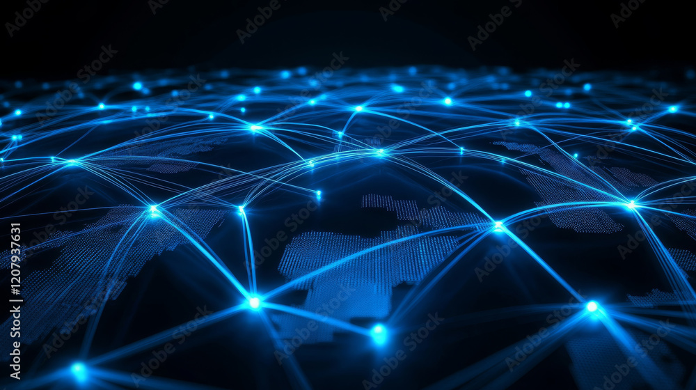 Poster network of data centers and servers glowing in blue light, representing global connectivity and digi