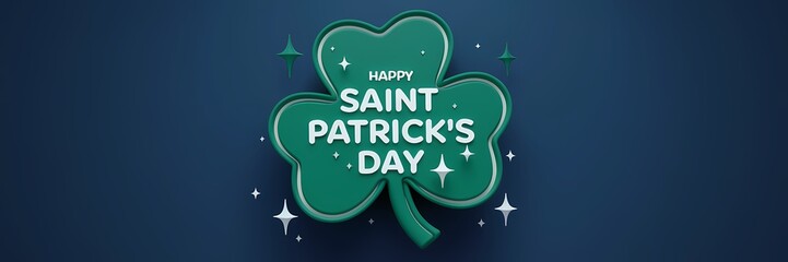 A 3D render of a creative minimalist Saint Patrick's Day poster design. There is a large green shamrock with a white outline. Inside the shamrock, there is a white text 