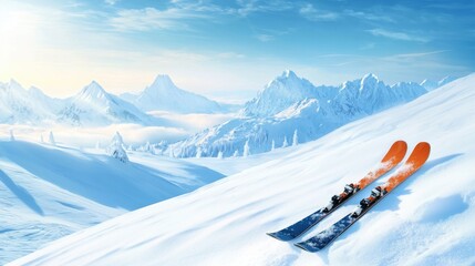 Ski equipment rests on a pristine slope, surrounded by majestic mountains and clear blue skies. The winter landscape showcases untouched snow, promising thrilling adventures
