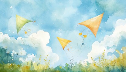 Watercolor painting of three kites flying in a bright blue sky above a field of wildflowers.