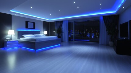 Modern Bedroom Night Scene with Blue LED Lighting