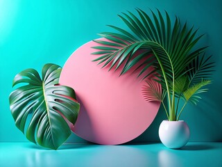 Tilt-Shift Pink Circle Palm Leaf Teal Wall