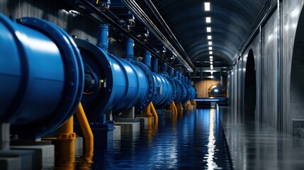 Fototapeta premium Large blue pipes line a corridor in an industrial water facility, with reflections shimmering on the wet floor. The space is dimly lit, creating an atmosphere of quiet efficiency