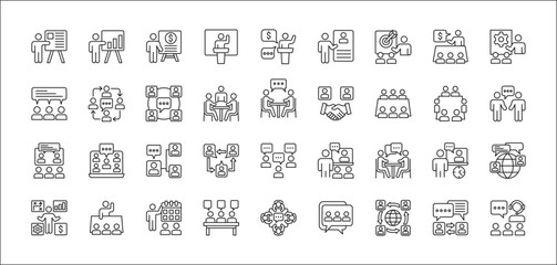 Business presentation icon set. Meeting and conference icons. Contains symbols of seminar, sales presentation, profile company, plan, briefing, project, schedule, strategy. Thin line icon design.