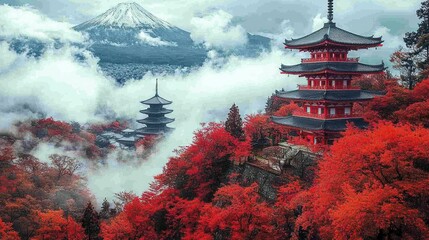 Naklejka premium Autumnal Serenity: Majestic Mount Fuji and Crimson Pagoda