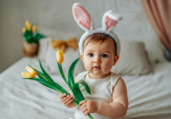 Child wearing bunny ears holds artificial yellow tulips in a cozy room decorated for spring with...