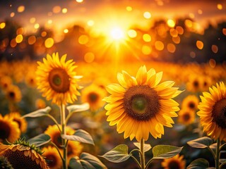 Obraz premium Tilt-Shift Sunflower Field Background, AI Photo, Artistic, Vintage