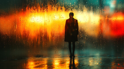 Fototapeta premium Silhouette of a man in a raincoat. Raindrops on the glass.
