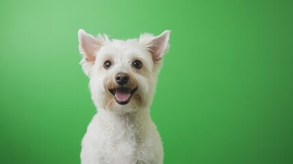 Happy White Dog Portrait on Vibrant Green Background for Pet Grooming and Branding