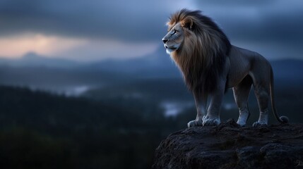 Obraz premium A powerful lion stands confidently on a rocky outcrop, its mane illuminated by the soft light of dusk. The surrounding landscape features distant mountains and a calm sky