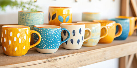 Handmade pottery mugs in vibrant colors and unique designs on display
