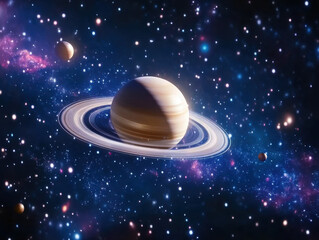 Naklejka premium stunning view of Saturn surrounded by colorful galaxies and celestial bodies, showcasing beauty of universe. vibrant colors and intricate details evoke sense of wonder and exploration