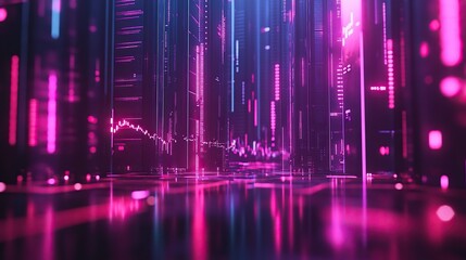 Neon cityscape data stream with reflections, background for tech presentations