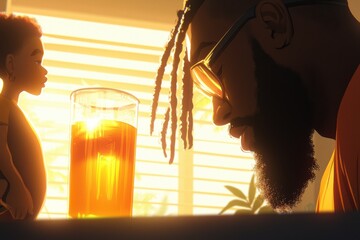 A thoughtful moment between a father and child is captured, with warm sunlight illuminating their faces and a glass of orange drink in the foreground.